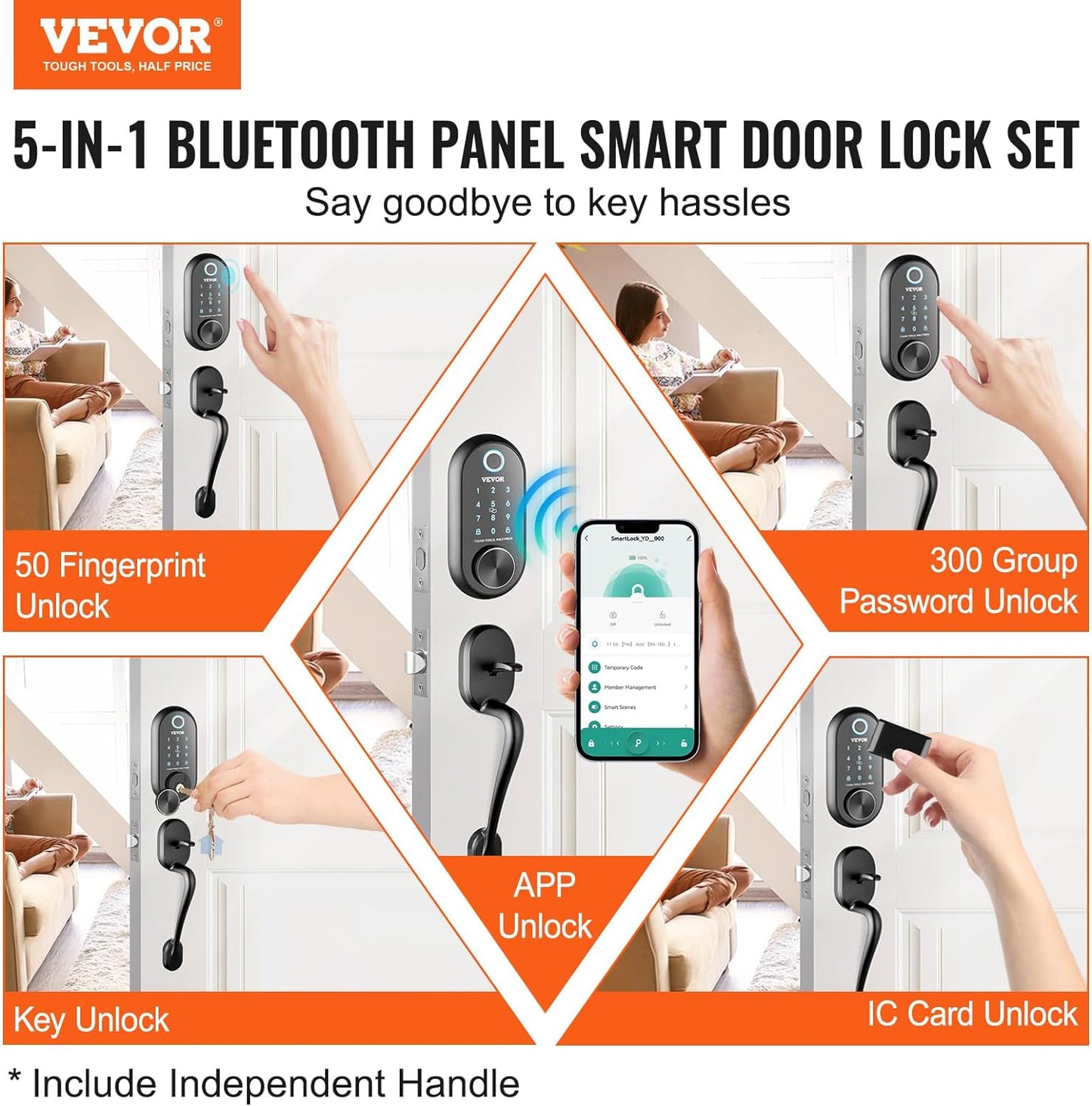 VEVOR Smart Lock, 5-In-1 Smart Door Knob, Fingerprint Deadbolt with App Control, Keyless Entry Door Lock with Independent Handle, Bluetooth Smart Lock, Biometric Door Lock, Keypad Digital Door Lock