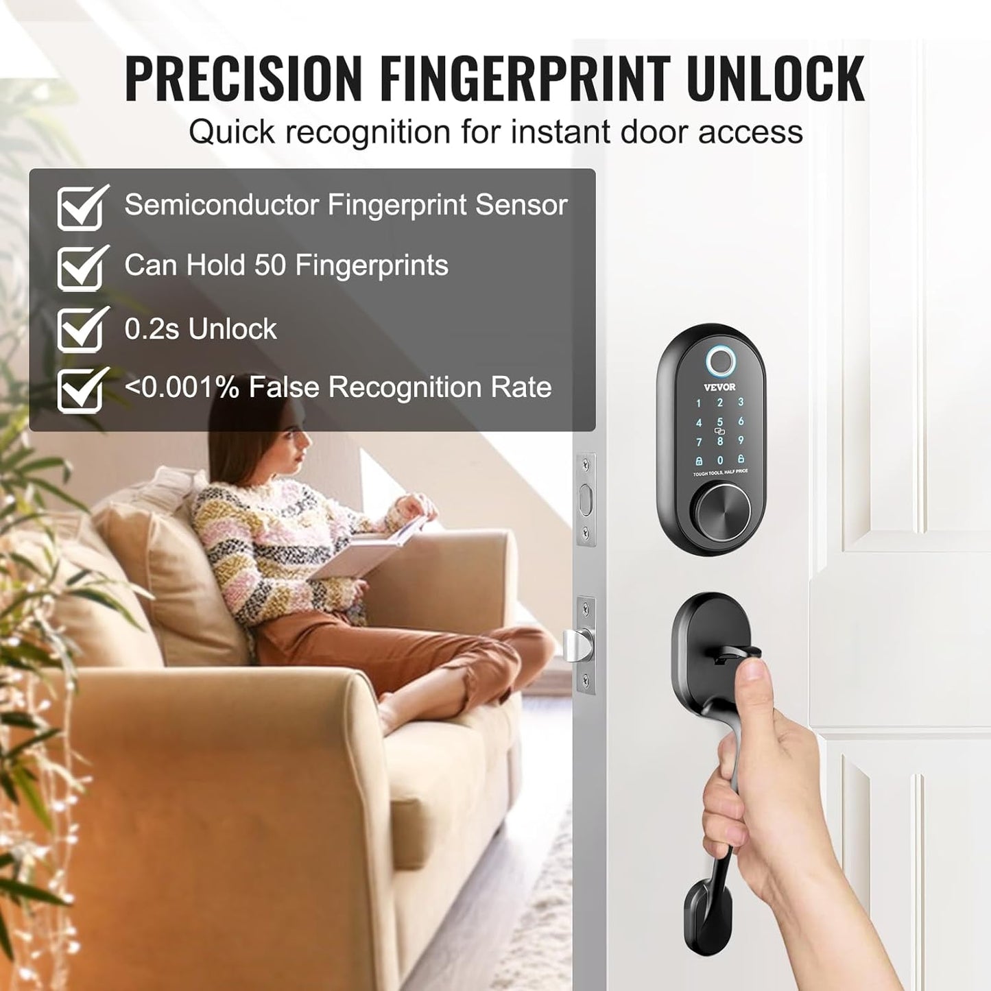 VEVOR Smart Lock, 5-In-1 Smart Door Knob, Fingerprint Deadbolt with App Control, Keyless Entry Door Lock with Independent Handle, Bluetooth Smart Lock, Biometric Door Lock, Keypad Digital Door Lock