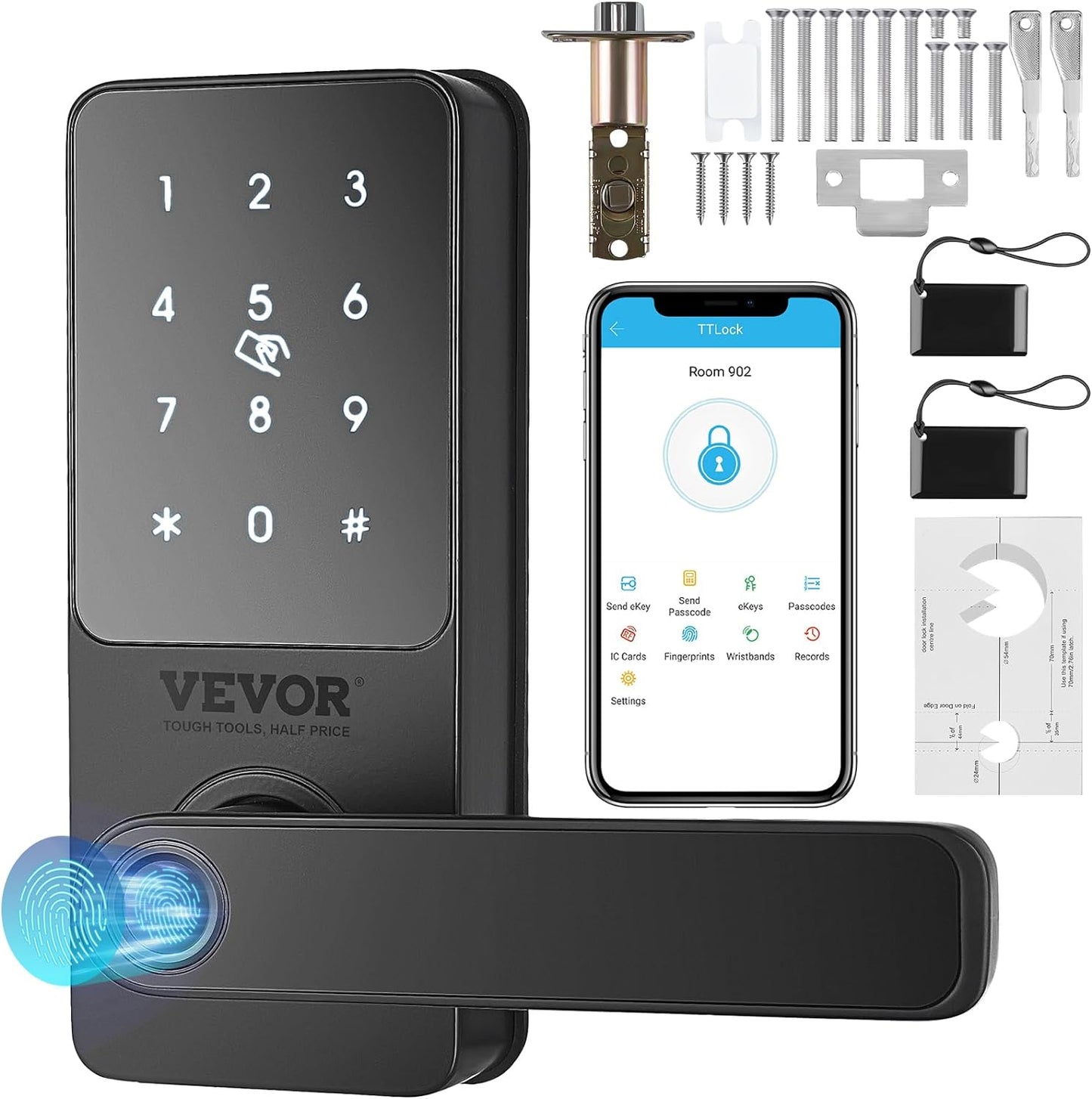 VEVOR Smart Lock, 5-In-1 Smart Door Knob, Fingerprint Deadbolt with App Control, Keyless Entry Door Lock with Independent Handle, Bluetooth Smart Lock, Biometric Door Lock, Keypad Digital Door Lock