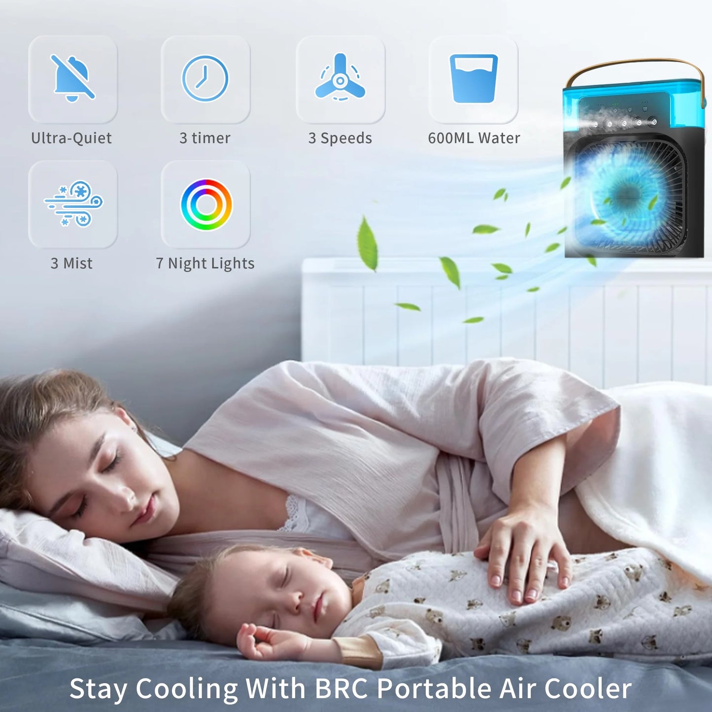 Portable Air Conditioner Fan, 3-IN-1 Personal Air Cooler, 3 Speeds, 7-Color Night Light, USB Powered Cooling Fan, Mini Evaporative Air Cooler for Room Desk Car, Black