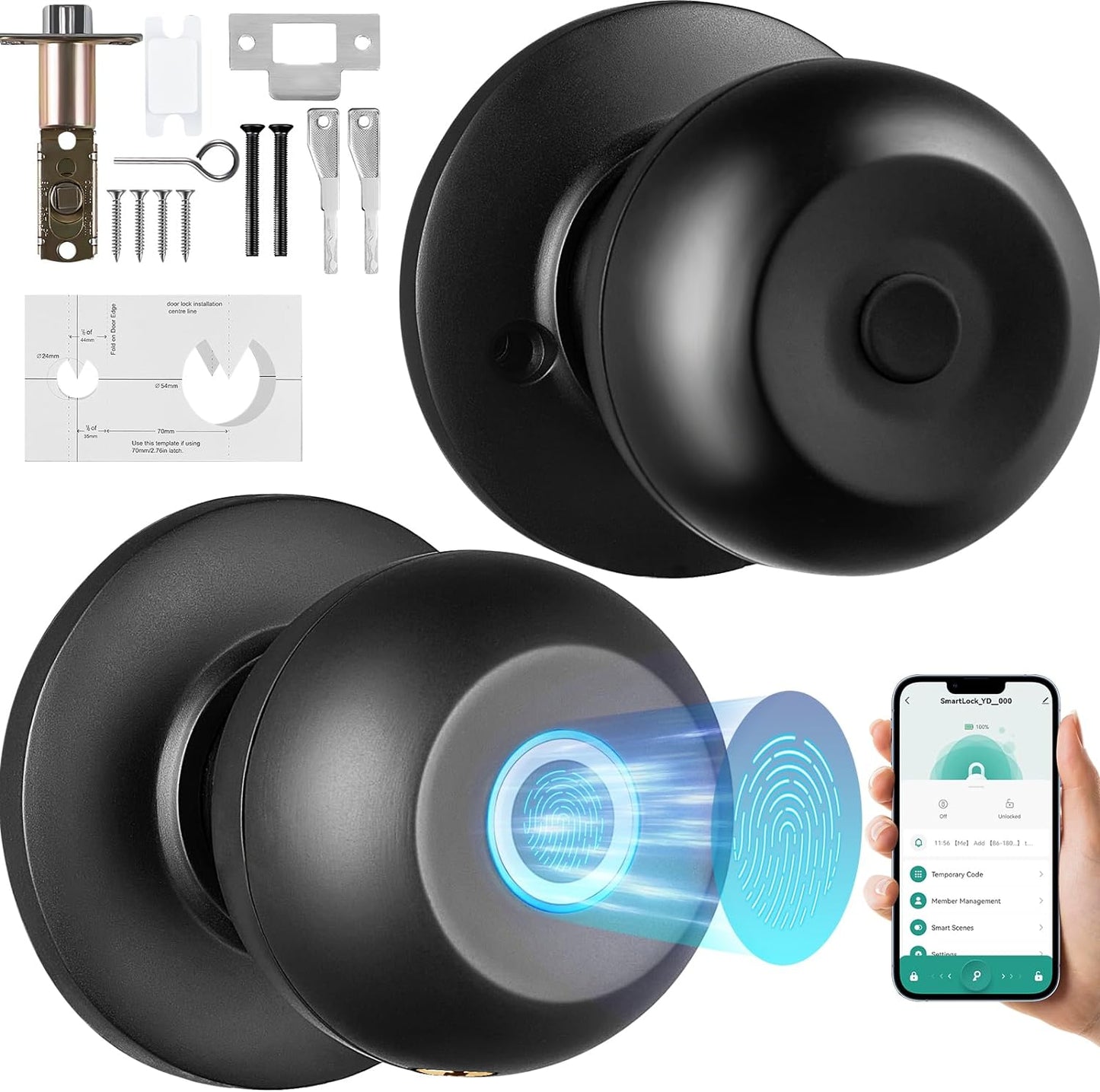 VEVOR Smart Lock, 5-In-1 Smart Door Knob, Fingerprint Deadbolt with App Control, Keyless Entry Door Lock with Independent Handle, Bluetooth Smart Lock, Biometric Door Lock, Keypad Digital Door Lock