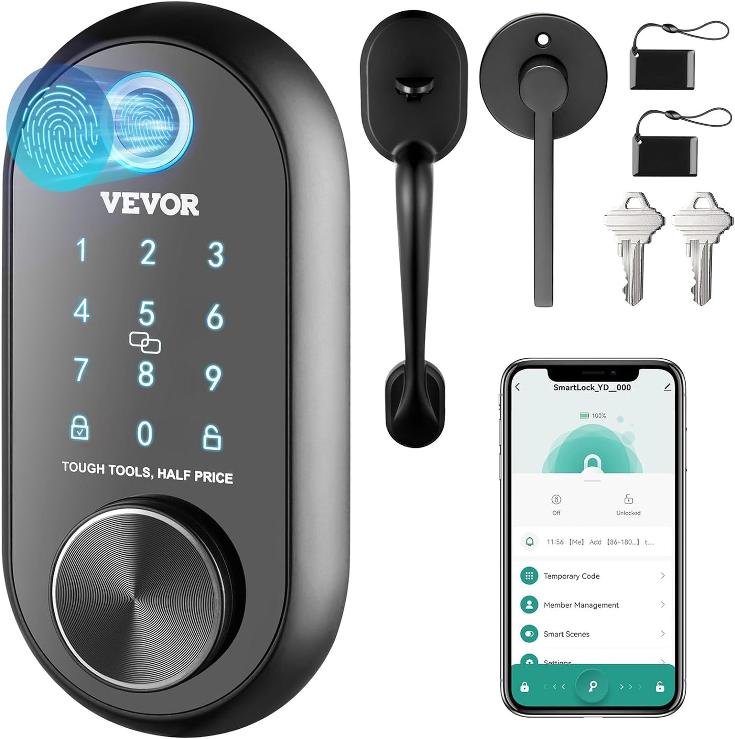 VEVOR Smart Lock, 5-In-1 Smart Door Knob, Fingerprint Deadbolt with App Control, Keyless Entry Door Lock with Independent Handle, Bluetooth Smart Lock, Biometric Door Lock, Keypad Digital Door Lock