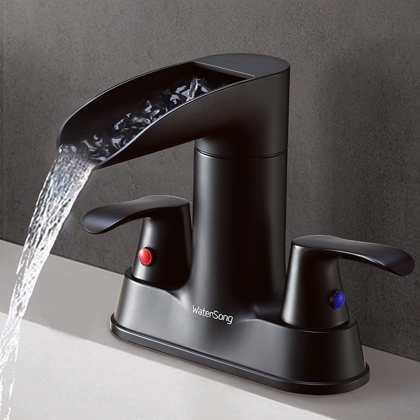 Black Waterfall Spout Bathroom Faucet, 2-Handle Bathroom Sink Faucet with Pop up Drain & Supply Lines, RV Lavatory Vessel Faucet 4 Inch Centerset Waterfall Bathroom Faucet, 2 or 3 Hole
