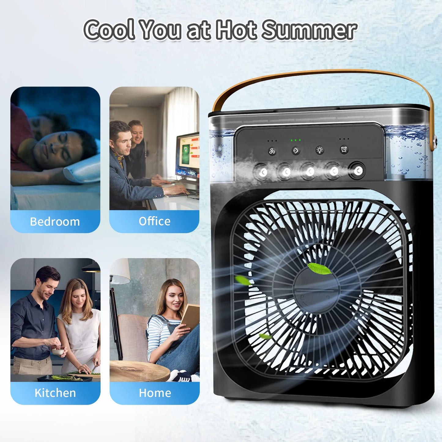 Portable Air Conditioner Fan, 3-IN-1 Personal Air Cooler, 3 Speeds, 7-Color Night Light, USB Powered Cooling Fan, Mini Evaporative Air Cooler for Room Desk Car, Black