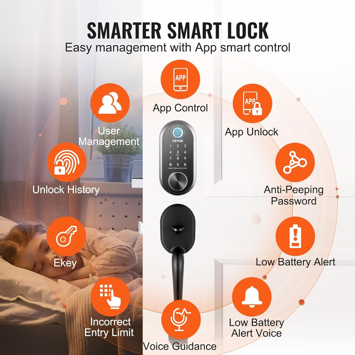 VEVOR Smart Lock, 5-In-1 Smart Door Knob, Fingerprint Deadbolt with App Control, Keyless Entry Door Lock with Independent Handle, Bluetooth Smart Lock, Biometric Door Lock, Keypad Digital Door Lock