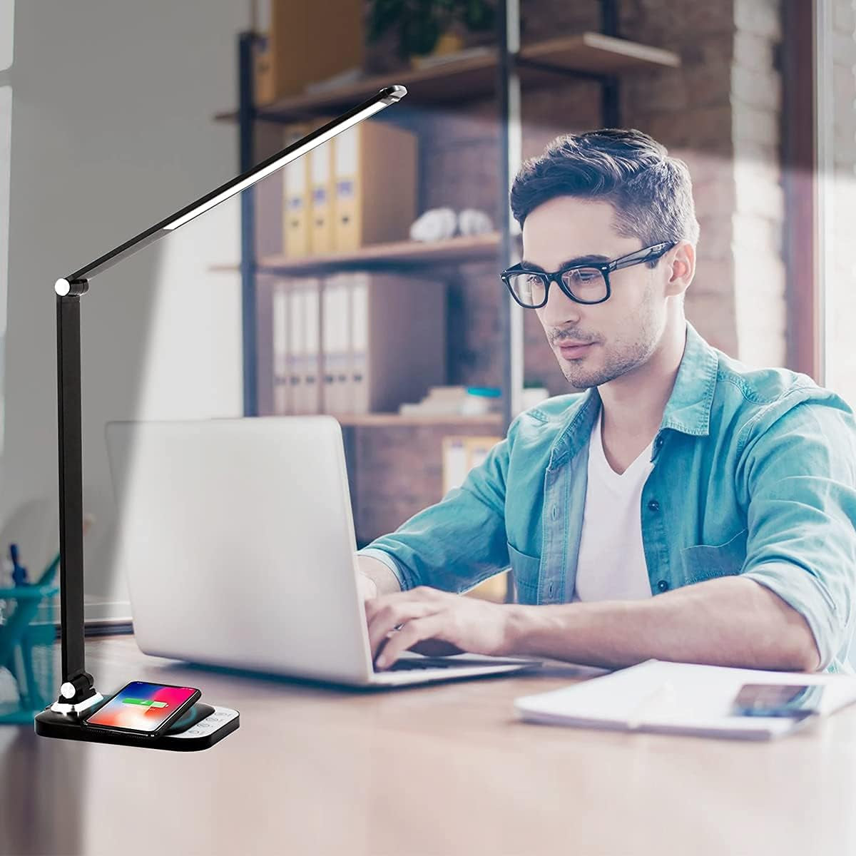 LED Desk Lamp with Wireless Charger USB Charging Port, Dimmable Brightness Levels and Color Modes, Touch Control,Foldable Small Lamp for Bedside,Eye-Caring Desk Lamps for Home Office with Adapter