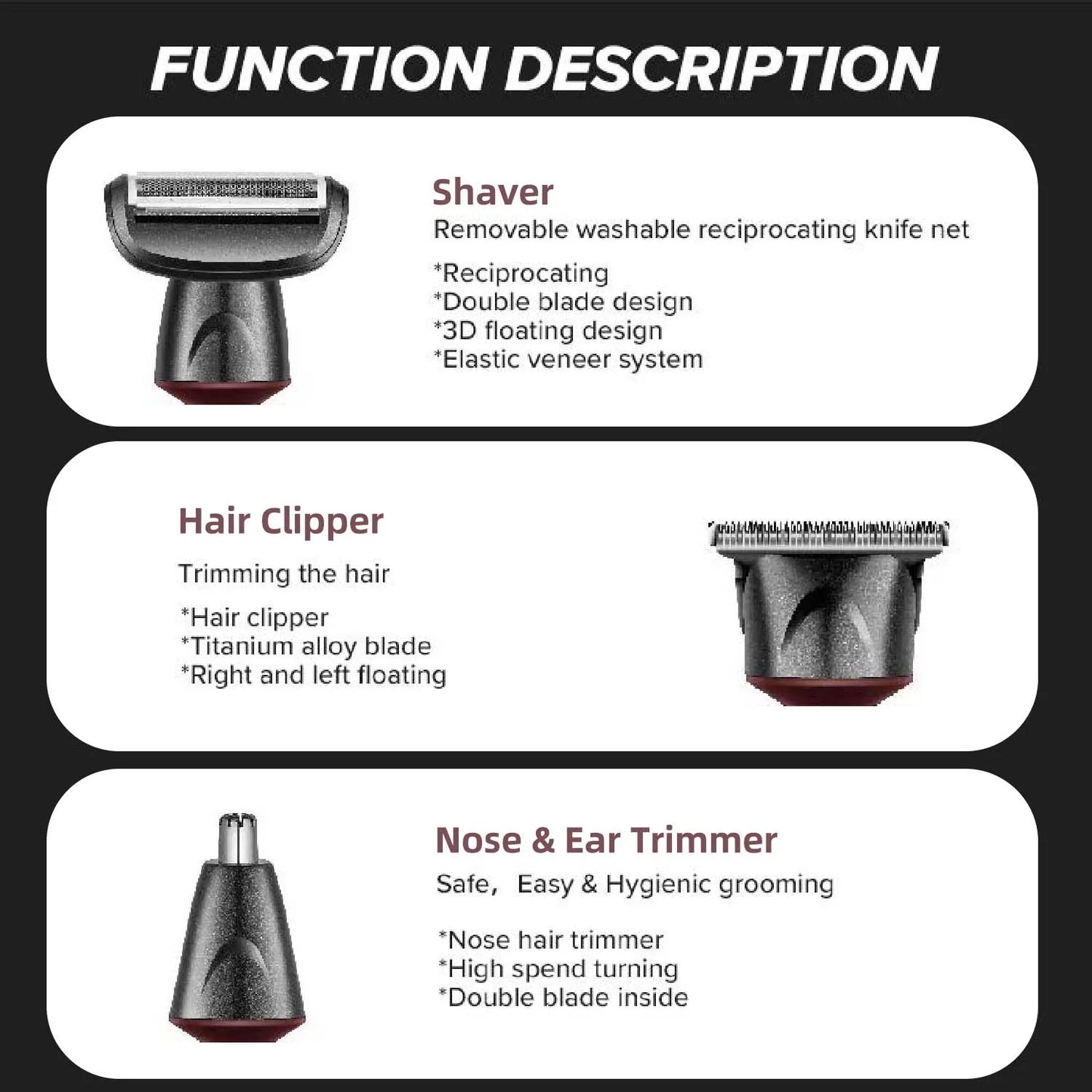 3 in 1 USB Rechargeable Cordless Professional Electric Nose Hair Clipper for Men