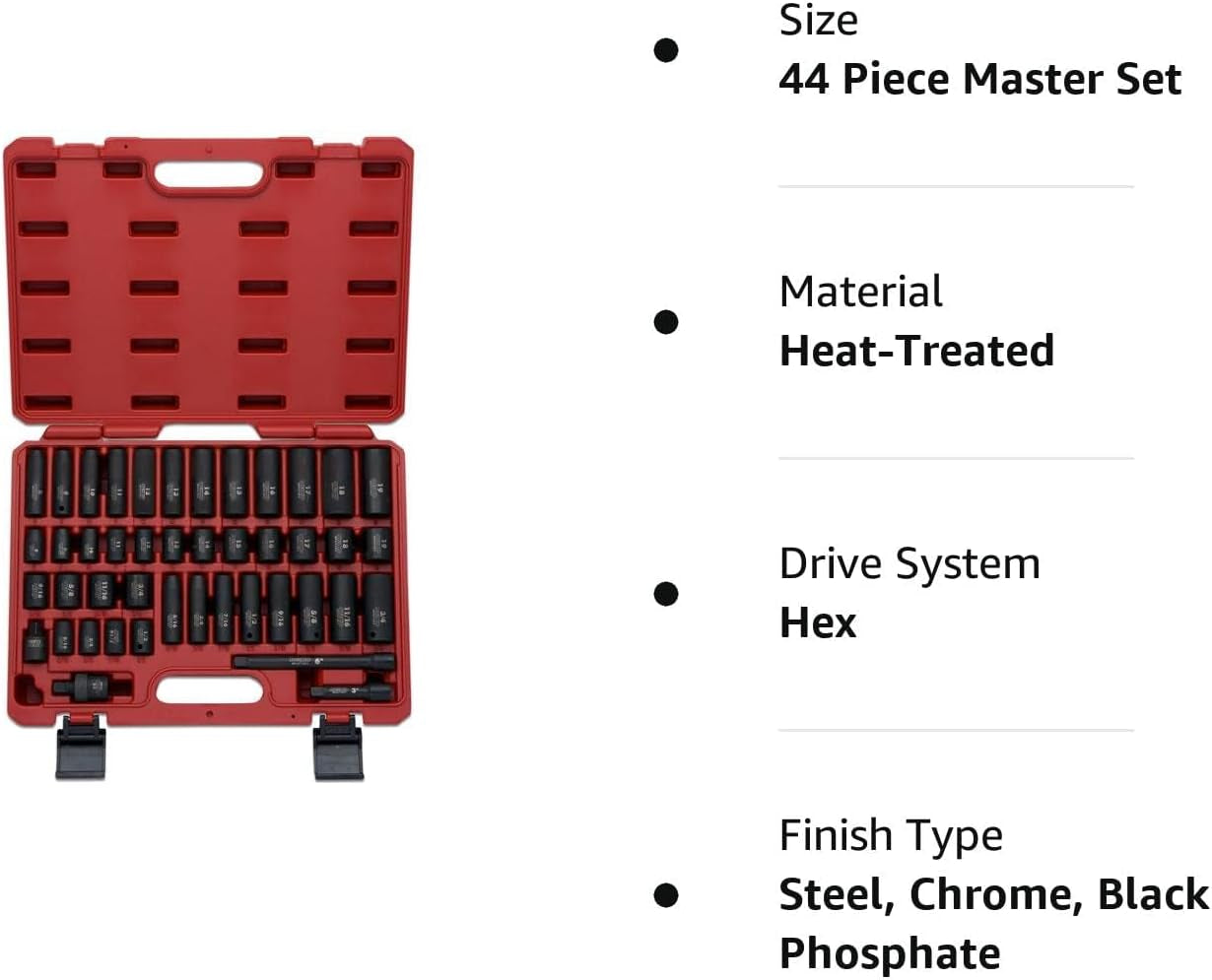 02440A 3/8-Inch-Drive Impact Socket Set, SAE Sizes 5/16" to 3/4" and Metric Sizes 8 Mm to 19 Mm, Includes Extension Bars and U-Joint, 44 Pieces