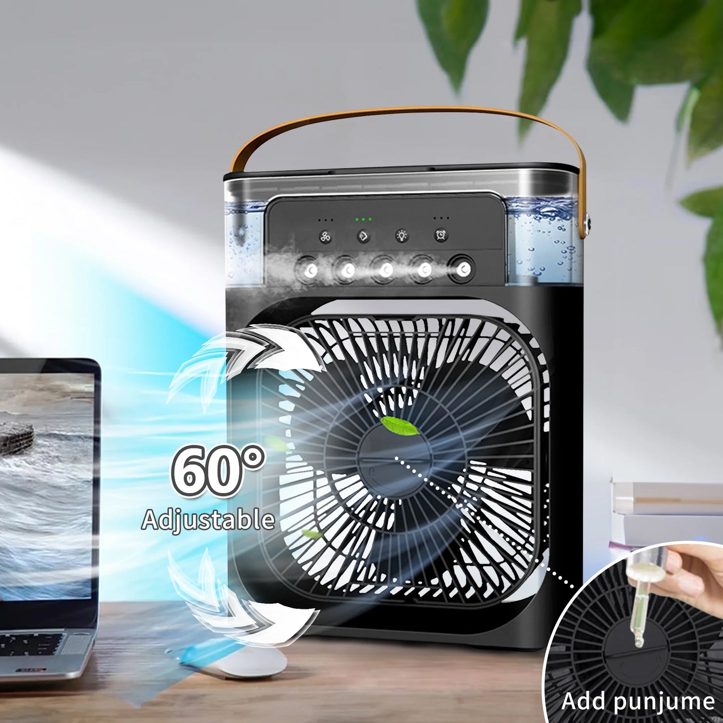 Portable Air Conditioner Fan, 3-IN-1 Personal Air Cooler, 3 Speeds, 7-Color Night Light, USB Powered Cooling Fan, Mini Evaporative Air Cooler for Room Desk Car, Black