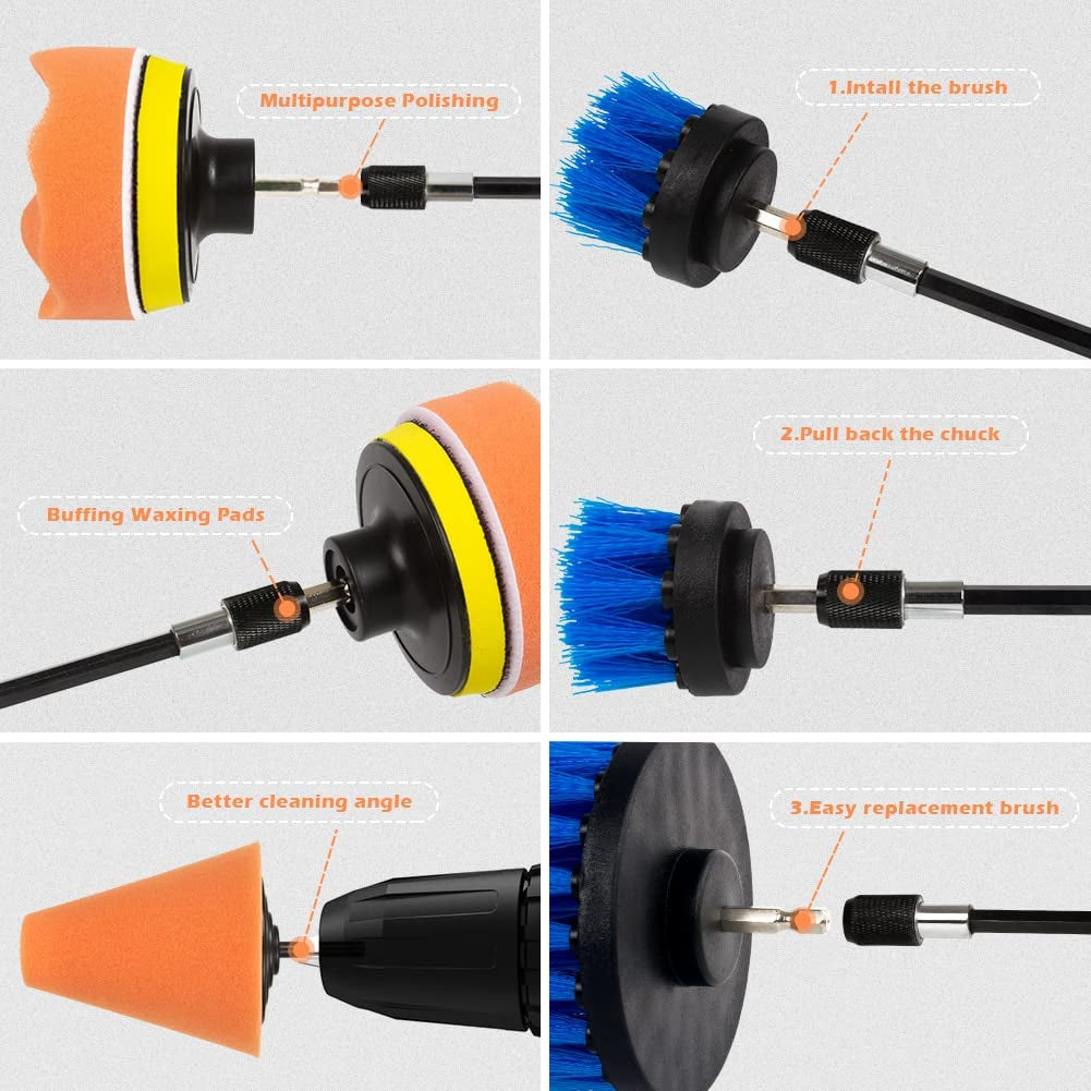 12 PCS Drill Brush Car Polishing Pads Cleaning Kit with Extend Attachment for Cleaning Car Interior, Boat, Bathroom,Wheels, Hubs Care(Electric Drill Is NOT Included)