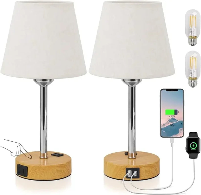 Bedside Table Lamps Set of 2 -LED Bulbs Included, Touch Control Lamp with USB C+A Charging Ports & AC Outlet, 3-Way Dimmable