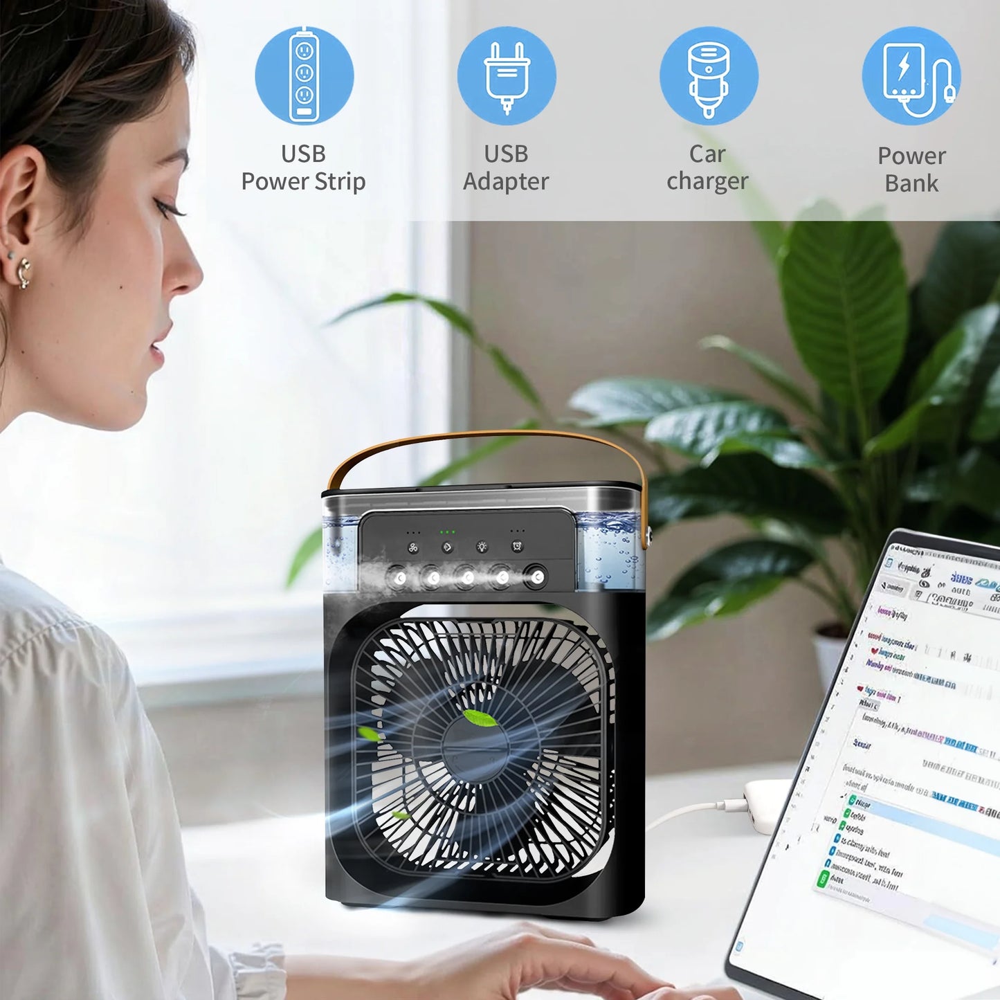 Portable Air Conditioner Fan, 3-IN-1 Personal Air Cooler, 3 Speeds, 7-Color Night Light, USB Powered Cooling Fan, Mini Evaporative Air Cooler for Room Desk Car, Black